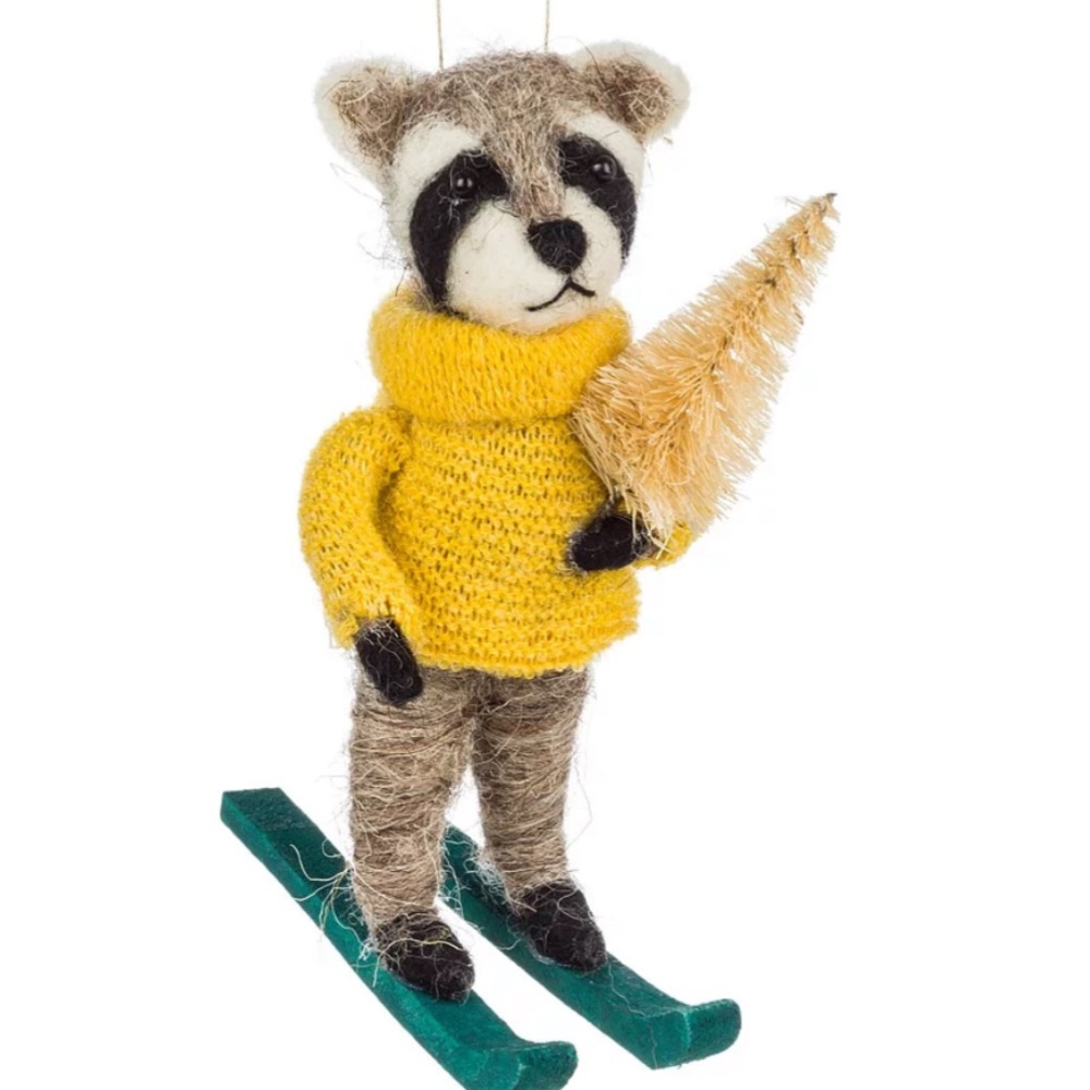 New! Anthropologie Cozy Skiing Raccoon With Christmas Tree 
Christmas Ornament
